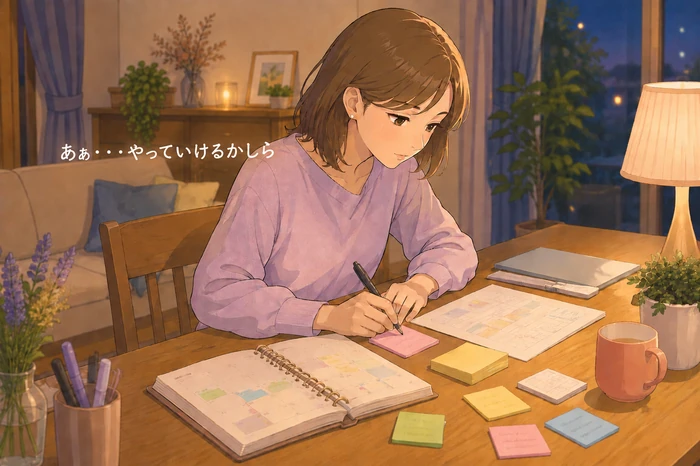 個人サロンの経営について帰宅後に予約帳と売上メモを並べて付箋に書き出す女性オーナーの画像