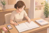 受付のデスクで翌月の予約表を開き、空白の枠を見て手元にペンを持つ女性サロンオーナーが考えを巡らせる様子の画像
