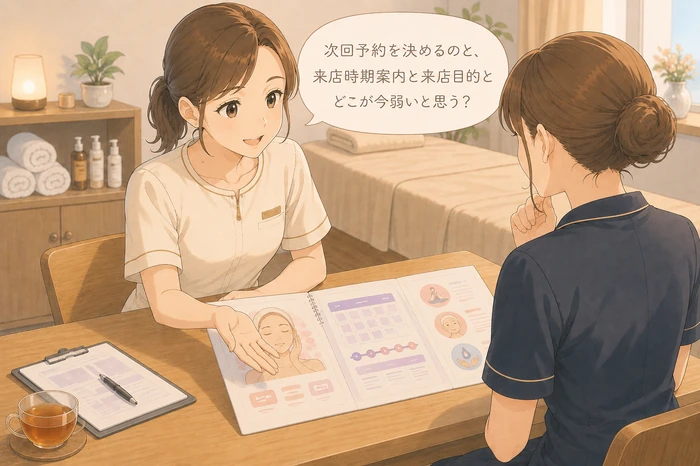 ミーティングテーブルで次回予約・来店時期・来店目的を示す三つの色カードを並べ、どこが未確定かを話し合うサロンオーナーとスタッフの画像