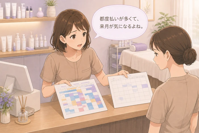 受付カウンターで今月の予約表の満席ブロックと翌月の空白カレンダーを並べて確認する女性サロンオーナーの画像