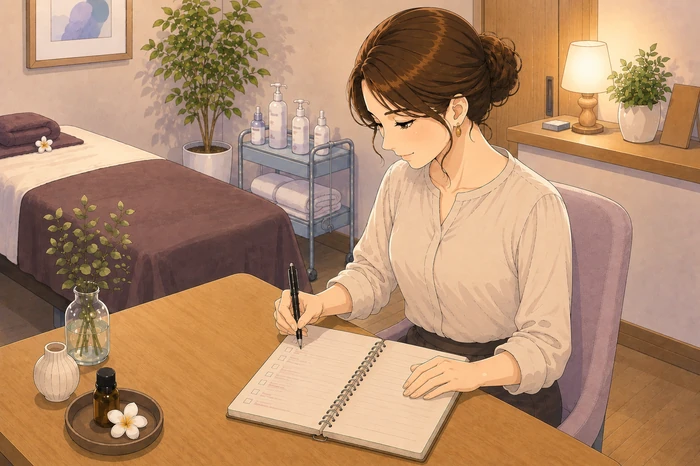 お客様のカルテとメモを横に置き、自分で覚えてきた項目をノートに書き留める女性サロンオーナーの画像