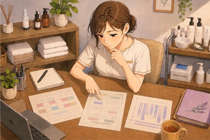 売上表、メニュー紙、予約表を広げてどこから見直すべきか指さしで検討する女性オーナーの画像