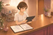 個人サロンの女性オーナーが受付でタブレットと紙の予約帳を並べ、今月と来月の空き枠を確認している画像