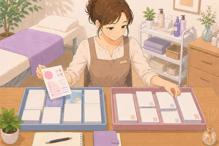 マーケティング資料と顧客カルテを別々の山に分け、どちらを優先するかを整理する女性オーナーの画像