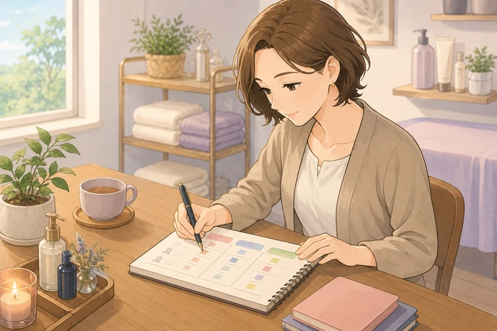 ノートに『今月来店・次回時期・次回目的』を分けた枠を描き、顧客ごとにチェックを入れて整理するサロンオーナーの作業場面の画像