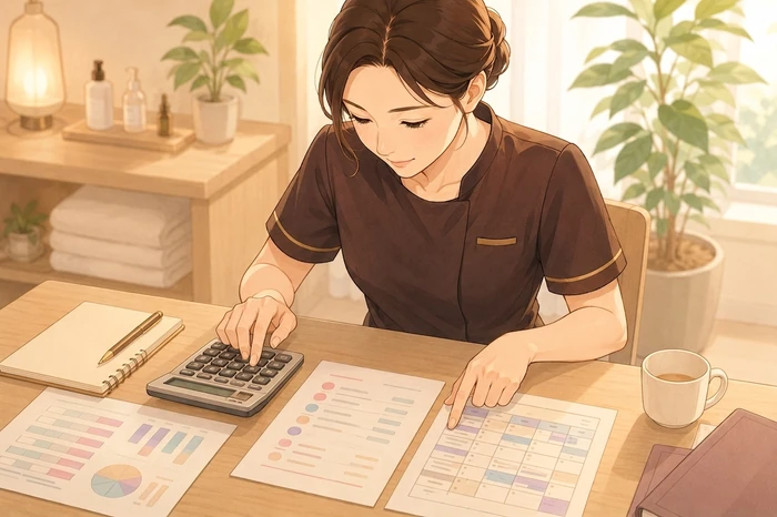 売上表と経費リスト、電卓とタイムシートを並べて利益を計算する個人サロンオーナーの作業画像