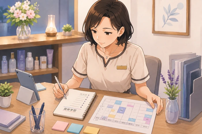 返信する時間帯とメッセージで答える範囲を書き出した簡単なルールを作り、予約表と照らし合わせる女性オーナーの画像
