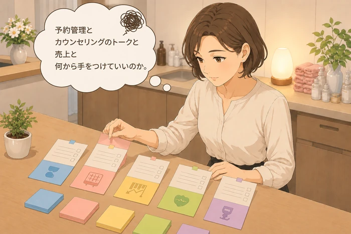 色分けされた付箋やメモを前に、予約から売上へと目線を移して考えを切り替える女性オーナーの画像