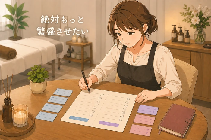 『今』と『後で』の二つの列に仕分けしたメモを前に、整理した表を作る女性サロンオーナーの画像