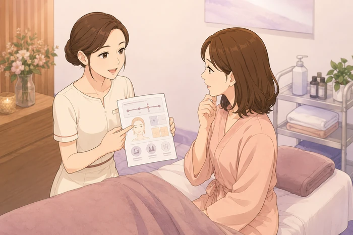 施術後にエステティシャンが次回に確認するポイントをやさしく説明し、顧客がその目的を考えている場面の画像