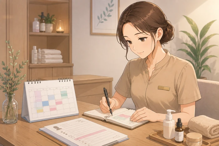 初回来店の顧客カルテを手に取り、次回の予約欄の有無を確認している女性サロンオーナーの画像