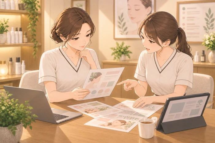 店舗の一角でスタッフと一緒にチラシ下書きを見ながら表現の根拠や最終チェックの運用を話し合うサロンオーナーの画像