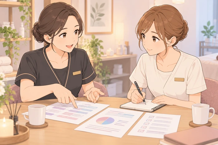先輩スタッフと資料を並べて相談し、不安の内容を分けているエステティシャンの画像