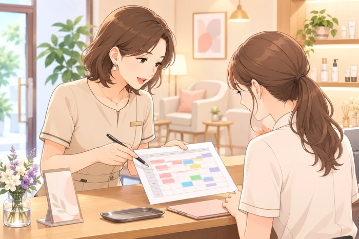 受付で予約表を指し示しながら低価格メニューの偏りを確認する女性オーナーとスタッフの画像