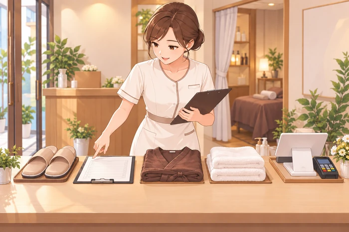 サロンオーナーが実際に一連の来店フローを想定し、受付→カウンセリング→施術→会計の各ステップで使う備品を順に点検している画像