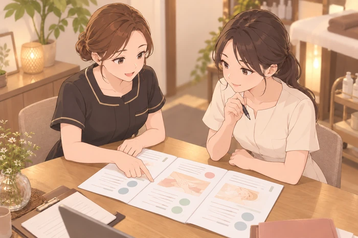 サロン内で計画中の施術メニュー案を並べ、どの施術に資格や届出が必要かを相談する女性オーナーと同僚の様子が分かる画像
