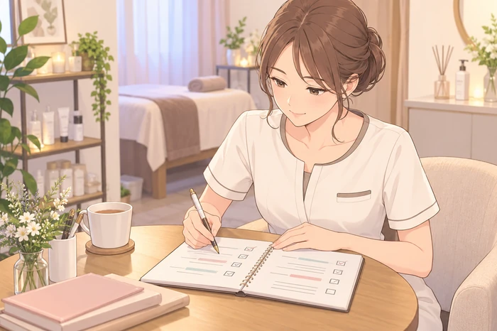 施術ルームの小テーブルで「行動の速さ・発信・技術への評価」のチェックリストに項目を付ける女性エステティシャンの画像