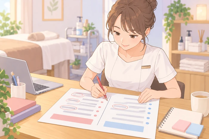 今できる業務とこれから学ぶ必要がある業務を二列で書いた紙を前に比較しているエステティシャンの画像