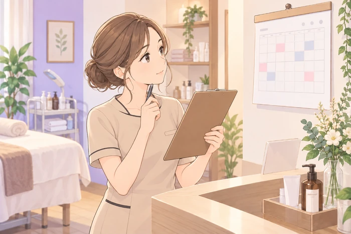 クリップボードのチェック表とカレンダーを見比べる女性エステティシャンの画像