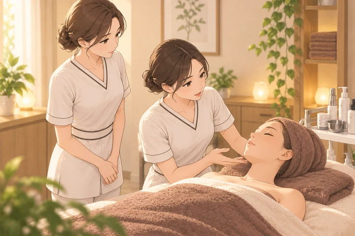 施術ベッド越しにお客様の肌状態を目で観察し説明する女性エステティシャンとそれを横で見守るオーナーの様子を描いた画像
