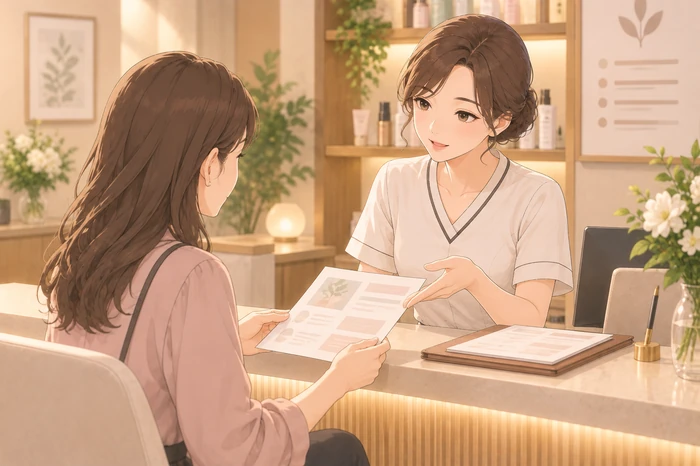 受付カウンター越しに顧客へ契約の範囲やクーリングオフについて説明するサロンオーナーと、カウンターに置かれた契約書類を横で受け取る様子の画像