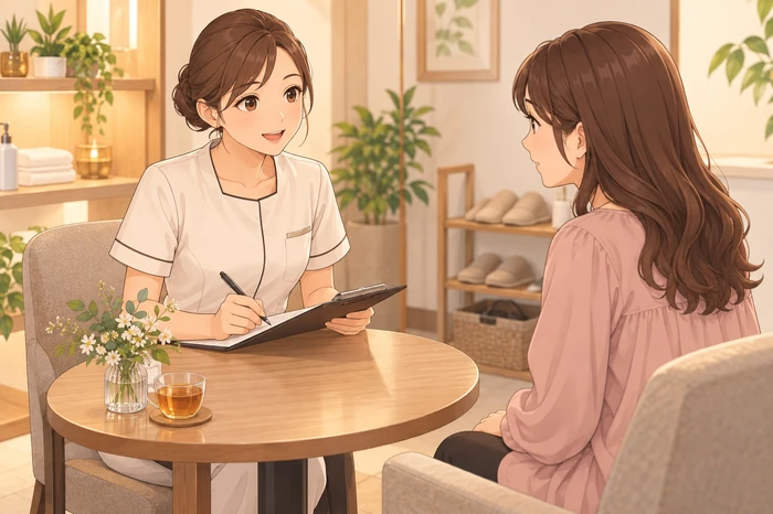 カウンセリング用の椅子に座ったお客様と向かい合い、エステティシャンが筆記用具で話を聞きながらカウンセリングシートを手元で確認している画像