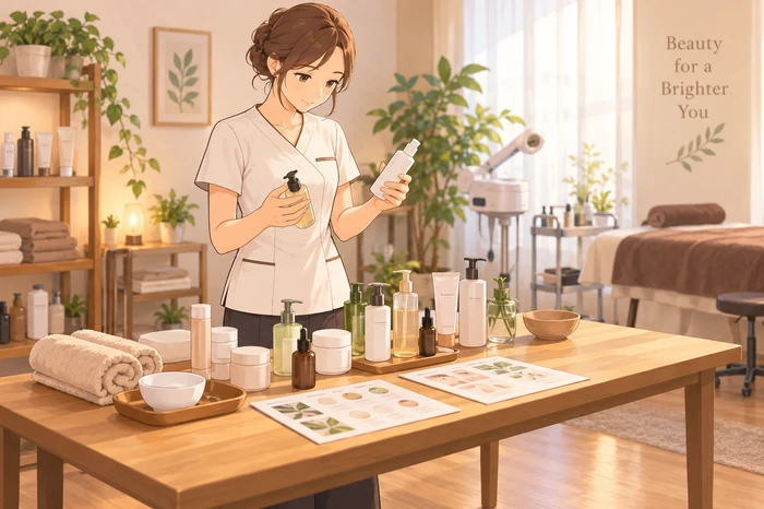 提供する施術を決めるために使用する商材を並べて比較する女性サロンオーナーの画像