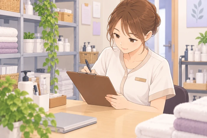 バックヤードのテーブルで『独立後に判断すること』と書かれたクリップボードに項目を書き込む女性エステティシャンの画像