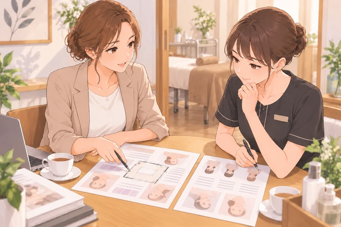 サロンのコンセプトを話し合うために、女性オーナーがスタッフと並んで施術の中心メニューと想定顧客像を指し示す簡単な図を見ている様子を描いた画像