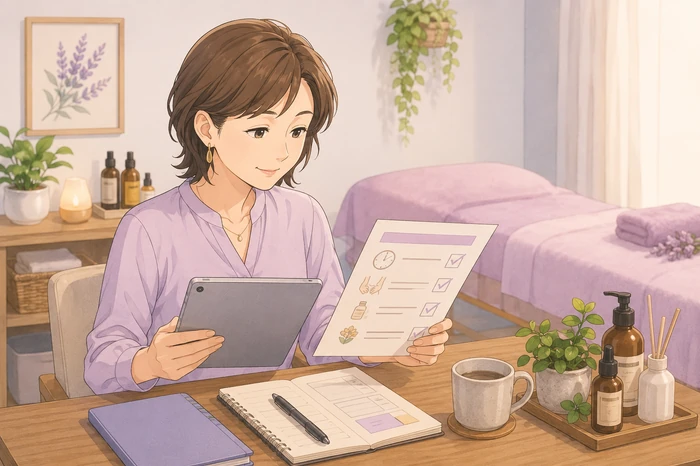 オーナーがタブレットで他店料金を抽象表示で確認し、自サロンの施術チェックリストと比べている画像