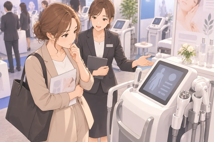 美容機器の展示ブースで、導入を検討するエステティシャン出身の女性が実機を見て設置スペースや必要性を想像している様子を描いた画像