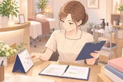 サロンの受付で自分の勤務年数と担当業務をメモで見比べる女性エステティシャンの画像