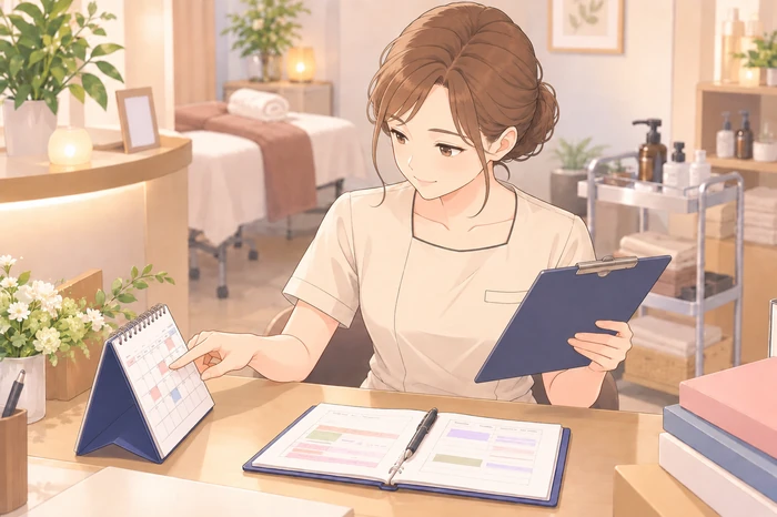 サロンの受付で自分の勤務年数と担当業務をメモで見比べる女性エステティシャンの画像