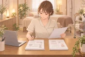 サロン内のデスクで、女性エステティシャンが『独立するかどうか』の判断と『開業準備』の資料を別の山に分けて整理している場面の画像