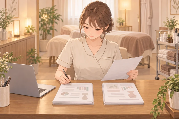 サロン内のデスクで、女性エステティシャンが『独立するかどうか』の判断と『開業準備』の資料を別の山に分けて整理している場面の画像