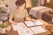 サロンオーナーが施術用ベッド横のテーブルで、予約帳とメニュー表を広げて営業時間と業務範囲を検討している様子の画像