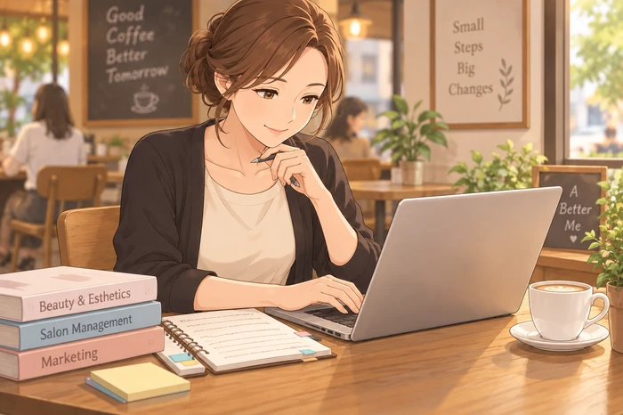 サロンオーナーが技術資料と簡略化された経営資料を並べて読み、技術と経営の違いを学ぼうとしている画像
