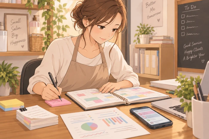 サロンオーナーが机で予約帳を開き、スマホと伝言メモを見ながら対応の優先順位を付けている画像