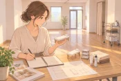 空の店舗で開業準備中の女性オーナーが、施術ベッドの配置を想像しながらノートにサロンの方向性を書き込む様子を描いた画像