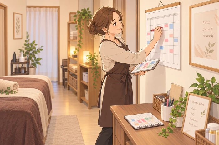女性オーナーが壁掛けカレンダーに営業日と休みを書き込みながら予約枠を検討している画像