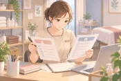 サロンのバックルームで自分の経験項目と未経験項目を比べる女性エステティシャンのチェックリストを持った姿が中心に描かれた画像