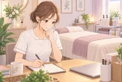 施術ルームの端でノートにメモを取りながら自分の働き方を考える女性エステティシャン、施術ベッドと化粧品が見える画像