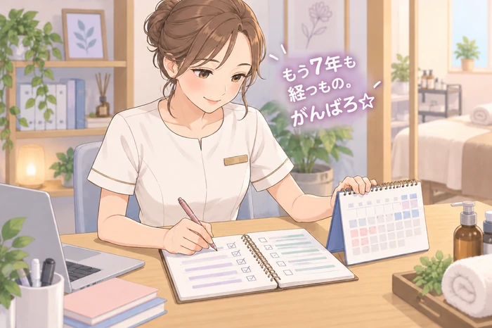 勤務年数を示すカレンダーと、任された仕事内容のチェックリストを比較しているエステティシャンの画像