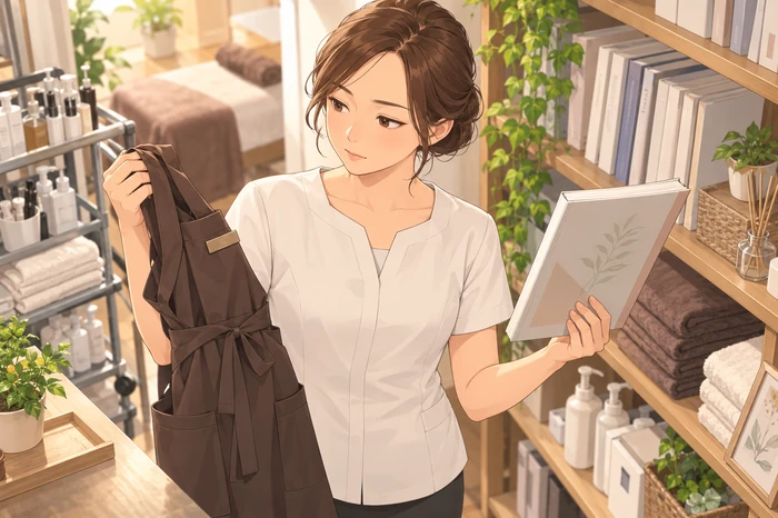 勤務での経験を示すエプロンと資格を示す教材を比べて独立準備を考える女性オーナーの画像