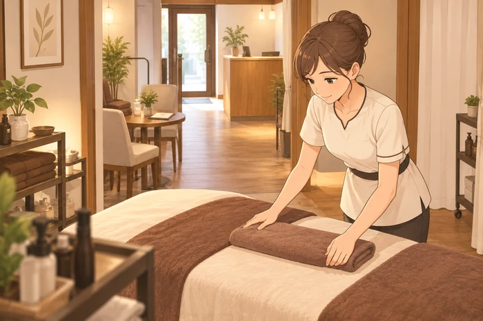 カウンセリングスペースから施術ベッド、会計カウンターへと続く導線を確認しながらベッドにタオルを整える女性オーナーの様子が分かる画像