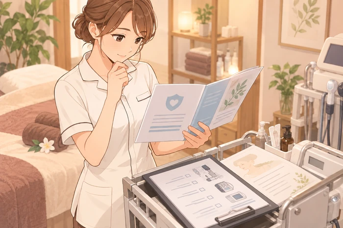 施術ベッドのそばで保険パンフレットを広げ、補償範囲を機材リストと見比べる女性オーナーの様子が分かる画像