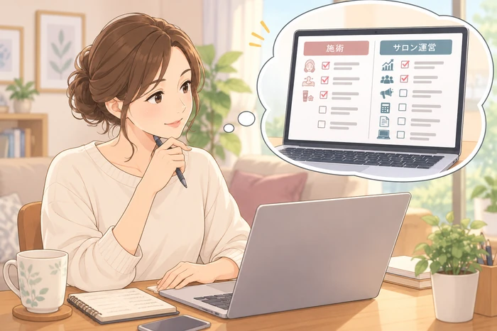 施術スキルと運営業務の項目を並べて、どちらを補うべきかを示すボードを指差すエステティシャンの画像