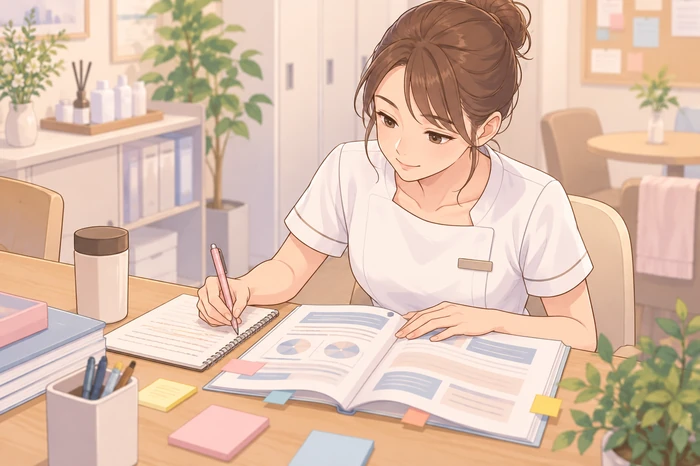 スタッフルームで『予約運用』の資料を開きメモを取る女性エステティシャン、学びながら判断する姿が分かる画像