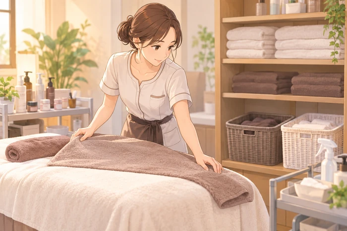 エステティシャン姿の女性が施術ベッドに清潔なタオルとシーツをセットし、隣で使用済みリネンと未使用リネンの保管場所を確認している画像