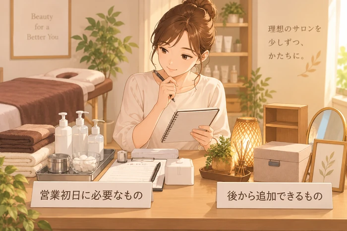 サロンオーナーが「営業初日に必要」な備品と「後で追加可」な備品を並べて優先度を考えている様子を示す画像